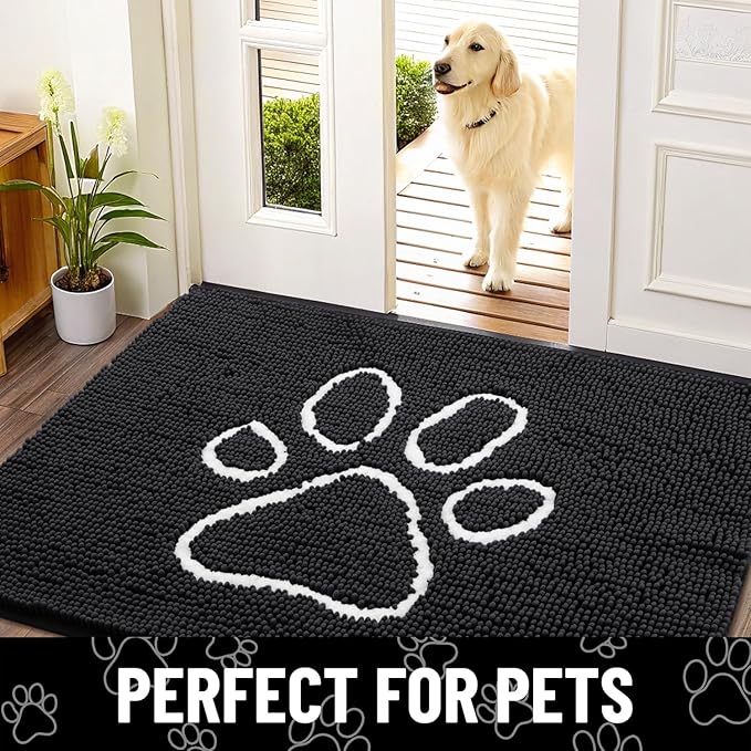 Smiry Dog Door Mat for Muddy Paws, Absorbent Dirt Trapper Non Slip Quick Dry Washable Chenille Mat for Mud Dogs, Entry Rug for Indoor and Outdoor (47x32 Inches, Black)
