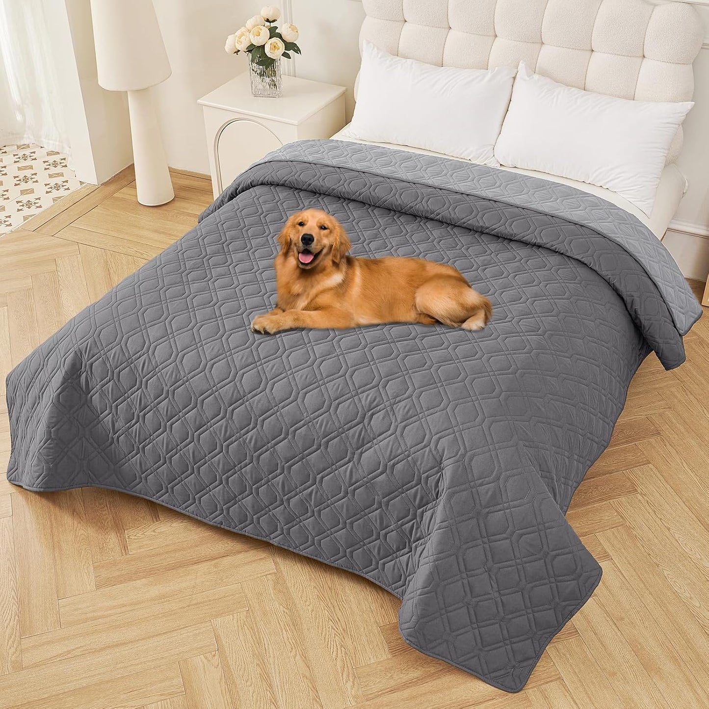 Smiry Waterproof Dog Blanket, 82x102 Inch Soft Pet Bed Cover Reversible, Washable Sofa Couch Furniture Protector for Small Medium Large Dog Puppy Cat, Geometric, Grey/Light Grey