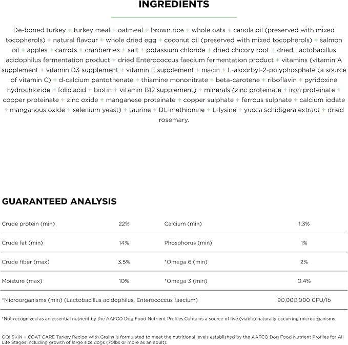 Go! Solutions Skin + Coat Care, Dry Dog Food, Turkey Recipe with Grains, 3.5 lb Bag