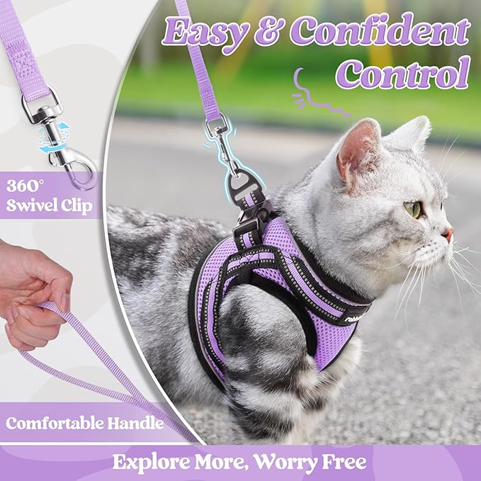 rabbitgoo Cat Harness and Leash Set for Walking Escape Proof, Adjustable Soft Kittens Vest with Reflective Strip for Cats, Comfortable Outdoor Vest, Light Purple, S