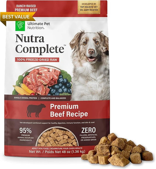 ULTIMATE PET NUTRITION Nutra Complete Freeze Dried Raw Dog Food, Veterinarian Formulated with Antioxidants, Prebiotics & Amino Acids (3 Pound, Beef)