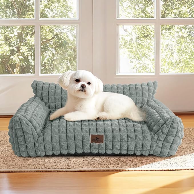 Cute Small Dog Couch Bed – Supportive & Fluffy Pet Sofa with Faux Rabbit Fur Washable Cover in 3D Diamond Pattern, 30" Grey
