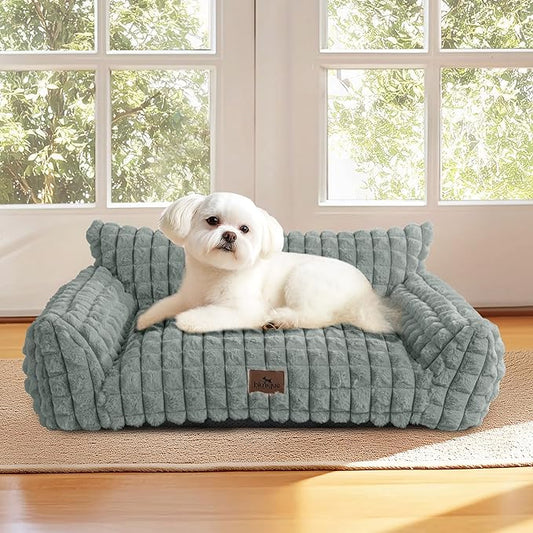 Cute Small Dog Couch Bed – Supportive & Fluffy Pet Sofa with Faux Rabbit Fur Washable Cover in 3D Diamond Pattern, 30" Grey