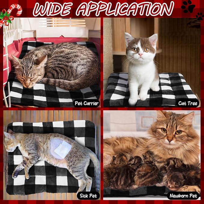 VitalCozy 2 Pack Self Warming Cat Mat Self Heating Pad Bed Reversible Machine Washable Reflects Body Heat Warm Thermal Pet Pad Crate Blanket for Feral and Indoor Cat (Black, White,22'' X 18'',Plaid)