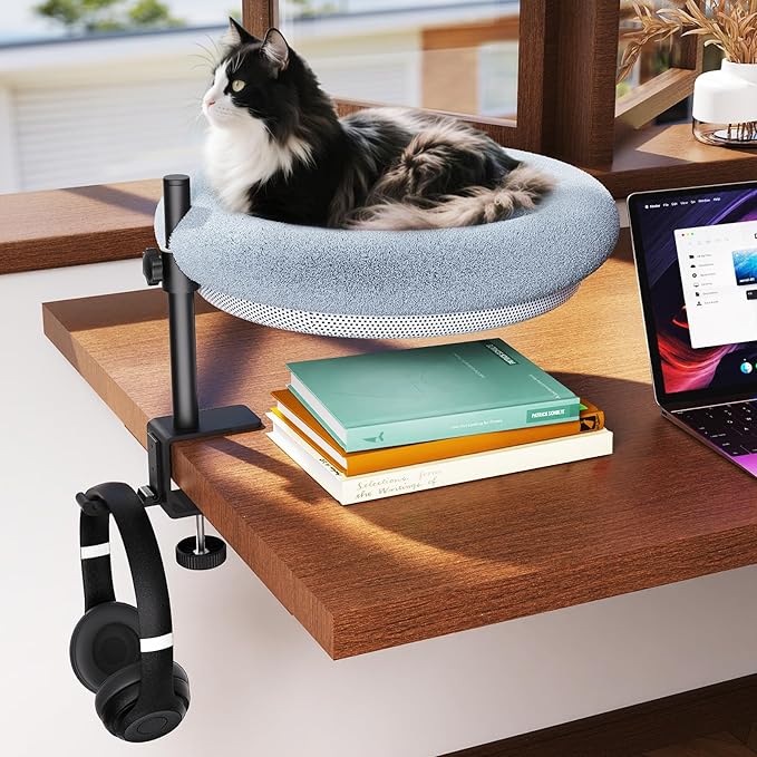 Cat Desk Bed, 360-Degree Rotating Hammock Perch, Cat Bed with Height Adjustable, Machine Washable, Gray