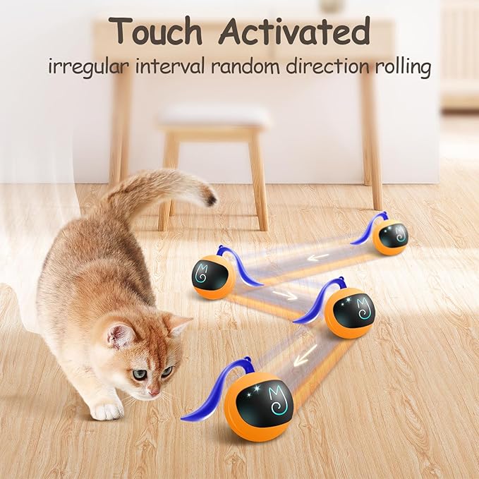 Migipaws Interactive Cat Ball Toy Set, Fun Tracker, Glowing Chase Ball with MystiChaser Pouch, Fluffy Tail, A Small Mice (Orange)