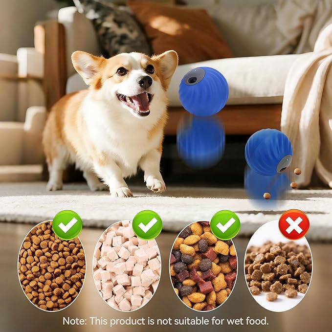 Interactive Dog Toys with Automatic Treat Dispenser, Fun Slow Feeder Interactive Toy for Dogs and Cats, Boosts Mental Stimulation, Reduces Anxiety, Durable Indoor Fun-Blue
