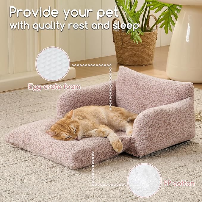 Hollypet Cat Bed Fluffy Plush Mutifuctional Double-Layer Soft Pet Couch Orthopedic Sofa Nest Beds for Small Cats and Dogs, Pink Leopard (21x15x8 inch)