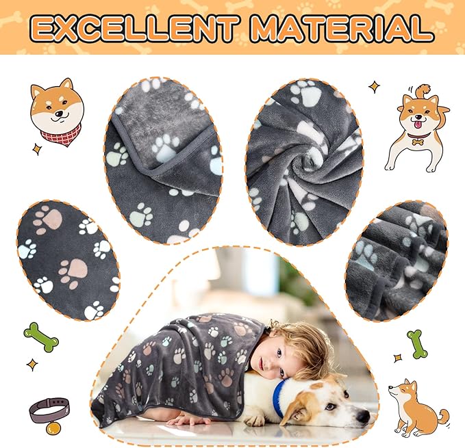 Rezutan Dog Blanket for Large Dogs, Upgraded 3 Pack Dog Cat Flannel Blankets Washable, Soft Pet Throw Cover Suitable for Kennel Crate Bed, Cute Paw Pattern, Grey, 31" x 41"