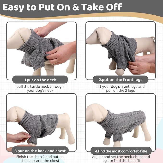 Queenmore Small Dog Pullover Sweater, Cold Weather Cable Knitwear, Classic Turtleneck Thick Warm Clothes for Chihuahua, Bulldog, Dachshund, Pug (Slate Grey, Medium)