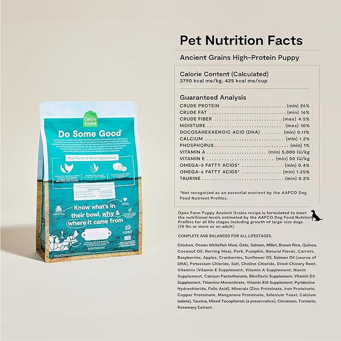 Open Farm, Ancient Grains Dry Dog Food for Puppies, Protein-Rich & Nutrient Dense, 90% Animal Protein Mixed with Non-GMO Fruits, Veggies and Superfoods, Chicken & Salmon Recipe for Puppy, 22lb Bag