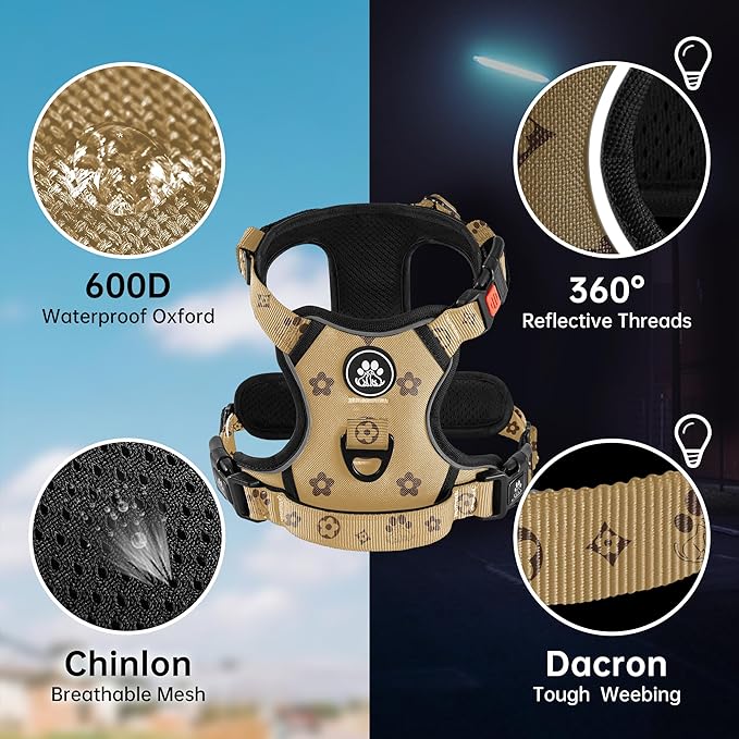 NESTROAD No Pull Dog Harness,Adjustable Oxford Dog Vest Harness with Leash,Reflective No-Choke Pet Harness with Easy Control Soft Handle for Large Dogs(X-Large,Light Brown)