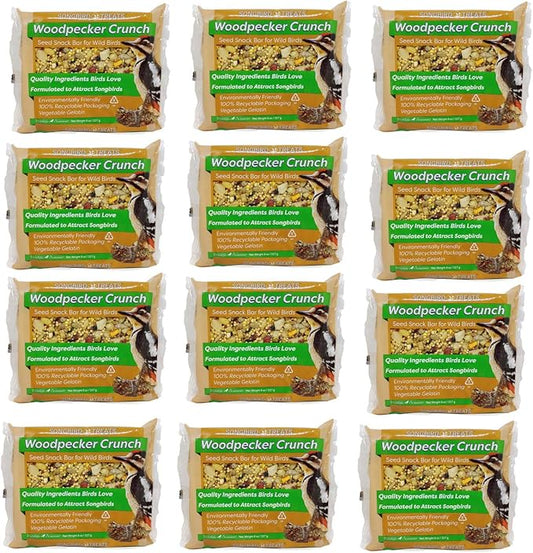 Songbird Treats Seed Bars | 12 Pack of 8 oz Bird Seed Cakes for Wild Birds (Woodpecker Crunch)