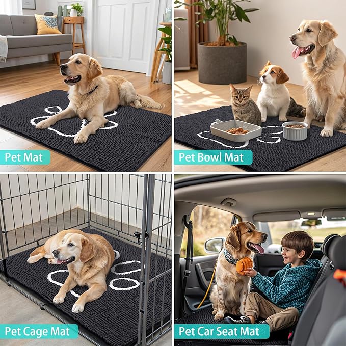 Smiry Dog Door Mat for Muddy Paws, Absorbent Dirt Trapper Non Slip Quick Dry Washable Chenille Mat for Mud Dogs, Entry Rug for Indoor and Outdoor (40x32 Inches, Black)