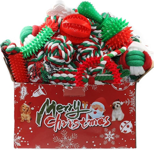 Beiker Christmas Dog Toys Bulk 15 Pack, Puppy Chew Toys for Teething Small Medium Puppies, Holiday Christmas Themed Presents Gifts Box Including Variety Tough Rubber and Rope Toys