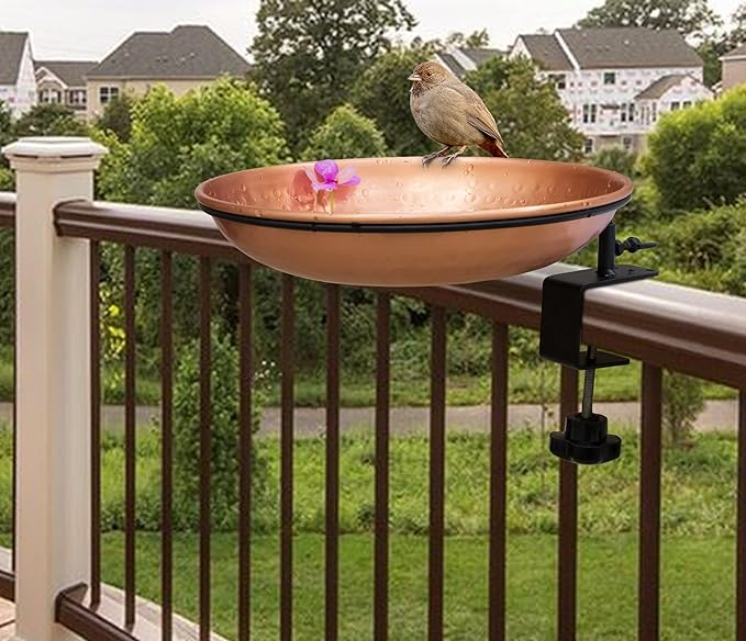Monarch Abode Pure Copper Hand Hammered Deck Mounted Bird Bath and Feeder w/Iron Clamp, 1.75-inch Detachable Iron Clamp Outdoor Birdbath and Birdfeeder for Garden Patio & Deck, Bird Water Feeder