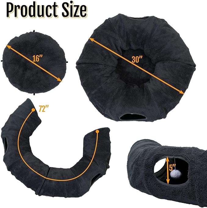 R1M Cat Tunnel Bed for Indoor Cats, Cute Cat Donut Tunnel Toys for Small, Larger Cats with Two Fish Cat Toys, Round Pet Peekaboo Cave Toy for Kitten, Dark Grey