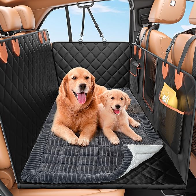 Hard Bottom Car Seat Cover for Dog swith Removable Soft Blankets,Scratch-Proof and Anti-Slip Car Dog Hammock for Large Dogs Brown for Crew Cab Trucks F150
