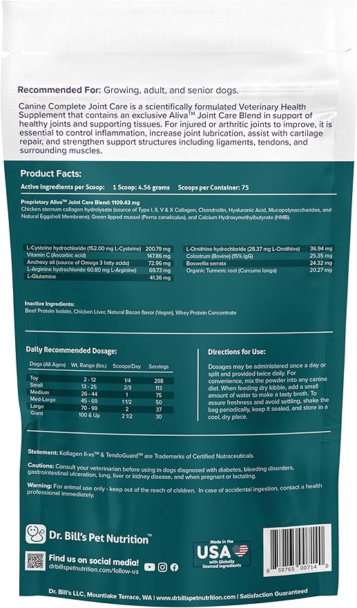 Dr. Bill’s Canine Complete Joint Care – Hip & Joint Supplement for Dogs for Mobility, Muscle Support & Inflammation Relief – Green Lipped Mussel, Chondroitin, Collagen, Omega-3 – Powder, 340g