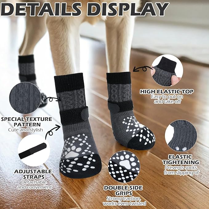 EXPAWLORER Dog Socks for Hot Pavement to Prevent Licking Paws, Non Slip Doggie Grippy Booties Shoes for Hardwood Floors, Boots & Paw Protectors for Small Medium Large Senior Dogs Twists Grey M