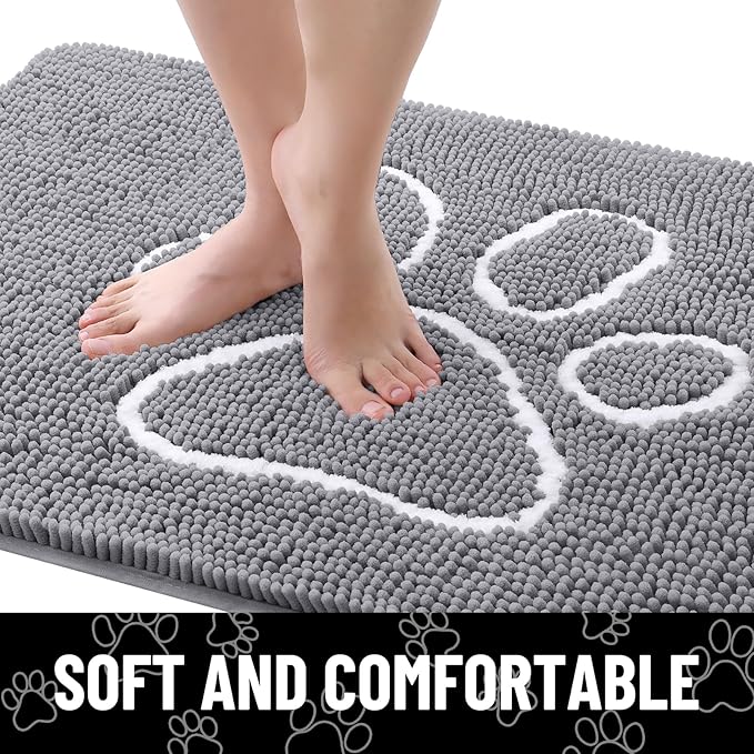 Smiry Dog Door Mat for Muddy Paws, Absorbent Dirt Trapper Non Slip Quick Dry Washable Chenille Mat for Mud Dogs, Entry Rug for Indoor and Outdoor (48x30 Inches, Grey and White)