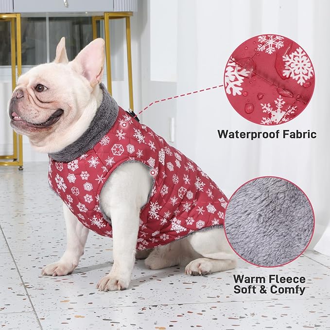 Warm Fleece Dog Coats with Durable Harness Buitl in D-Ring,Waterproof Doggie Jacket for Medium Dogs,Dog Vest for Cold Winter,Red,Snow Pattern XL