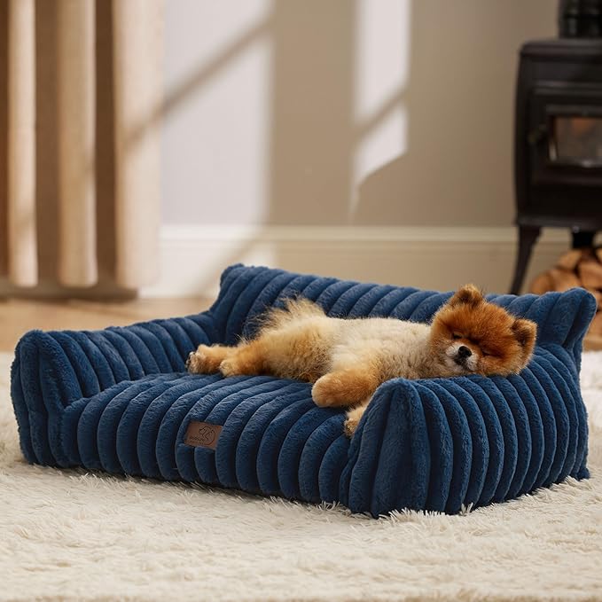 Bedsure Cute Cat Couch for Pets - Fluffy Small Dog Sofa with Premium Soft Corduroy Fleece, Pet Sofa with Removable Washable Cover, Supportive Dog Couch Bed for Small Medium Dogs, 30inch, Night Blue
