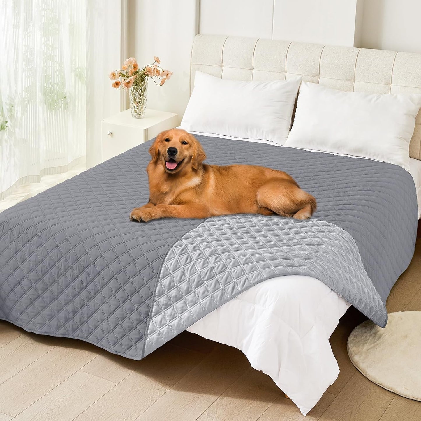 Smiry Waterproof Dog Bed Cover Pet Blanket, Soft Washable Dog Blanket for Furniture Bed Couch Sofa Reversible, Checkered (82"x82", Grey/Light Grey)