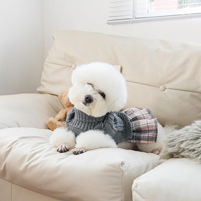 WOYYHO Girl Dog Sweater Dress with Bowtie Turtleneck Small Dogs Sweater with Leash Hole, Knitted Small Dog Sweaters Dress Puppy Winter Clothes for Yorkies Chihuahua (Medium, Gray)