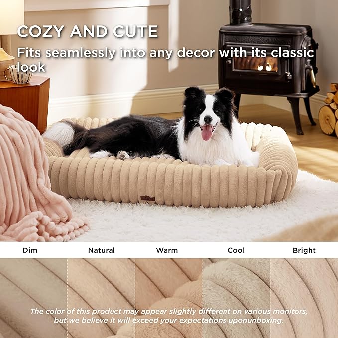 Bedsure Washable Dog Bed for Medium Dogs - Cute Furry Puppy Beds, Rectangle Orthopedic Corduroy Fleece Pet Beds with Removable Zipper Cover, 43x30x8inches, Sandy Beige
