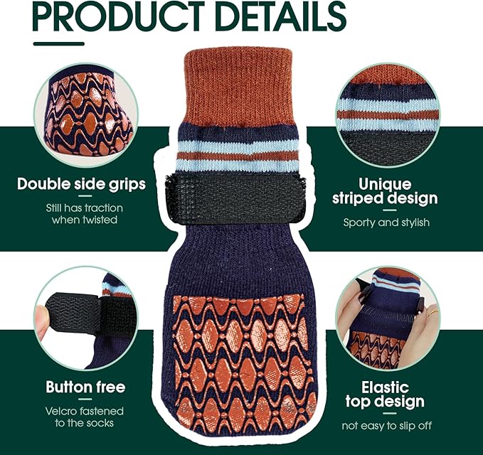 Kuoser Non Slip Dog Socks for Hardwood Floors, 4Pack Anti-Slip Dog Grippy Socks to Prevent Licking Paws, Dogs Booties Paw Protectors with Double-Sided Traction for Small Medium Large Senior Dogs, XL