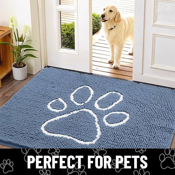 Smiry Dog Door Mat for Muddy Paws, Absorbent Dirt Trapper Non Slip Quick Dry Washable Chenille Mat for Mud Dogs, Entry Rug for Indoor and Outdoor (40x32 Inches, Airy Blue and White)