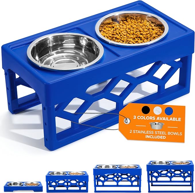 AVERYDAY Large Dog Bowls Elevated, 4 Height Adjustable Raised Dog Bowl Stand with 2 Stainless Steel Food and Water Bowls Set, Tall Dogs Feeding Station with Anti-Slip Base for Medium Large Breeds Dogs
