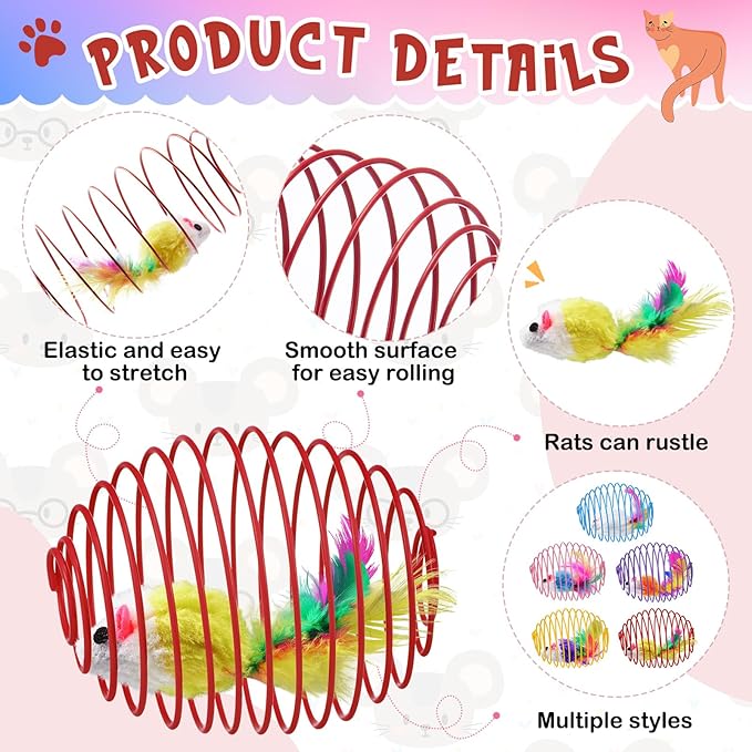 Jecery 5 Pcs Cat Spring Balls Stretchable Springs Toys Rolling Balls Colorful Playful Coils Interactive Spring Action Toy Caged Rats for Kitten Cat Pet Supplies Indoor (Cute Mouse,Bright Color)
