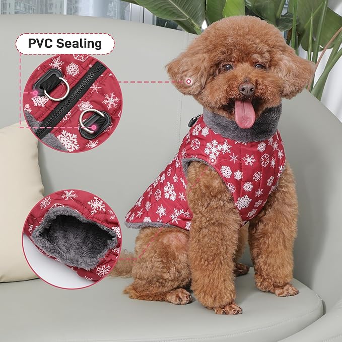 Warm Fleece Dog Coats with Durable Harness Buitl in D-Ring,Waterproof Puppy Jacket for Small Dogs,Dog Vest for Cold Winter,Red,Snow Pattern M