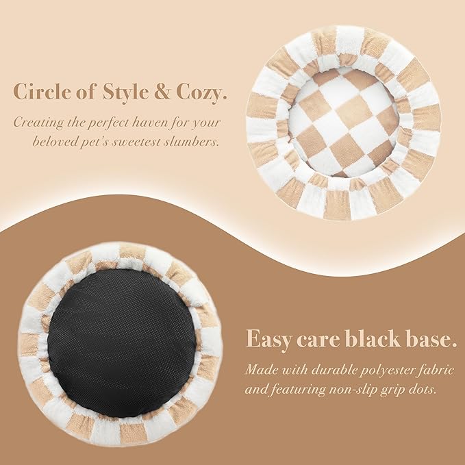 Checkered Cat Dog Bed, Cute Beige Khaki Retro Style Aesthetic Round Warming Pet Calming Beds for Small Dog and Cats, Plush Cozy Donut Beds Washable, 23" L x 23" W x 8" Th