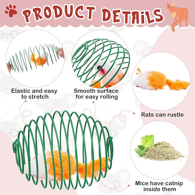 Jecery 5 Pcs Cat Spring Balls Stretchable Springs Toys Rolling Balls Colorful Playful Coils Interactive Spring Action Toy Caged Rats for Kitten Cat Pet Supplies Indoor (Catnip Rats,Bright Color)