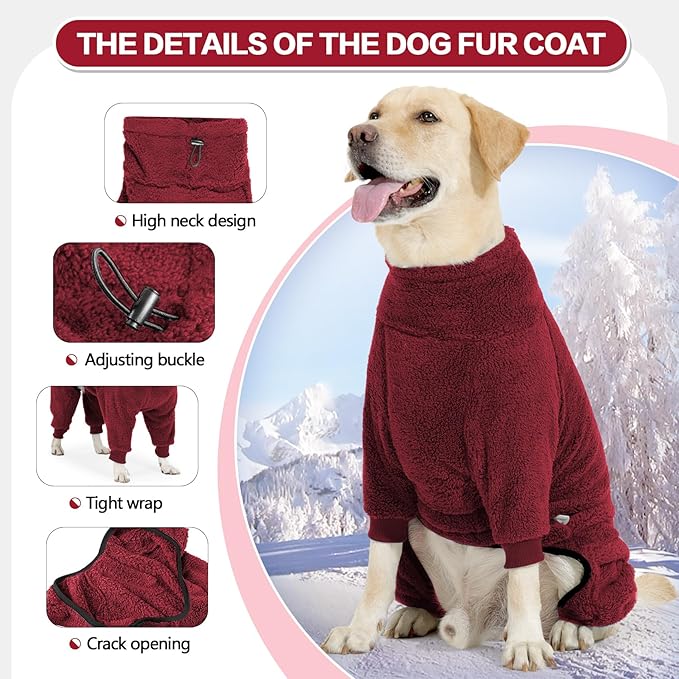 Winter Coat - Warm Fleece Dog Jacket, Windproof Pullover Jumpsuit, Full Body Pajamas Onesie for Medium Large Dogs (2XL, Red)