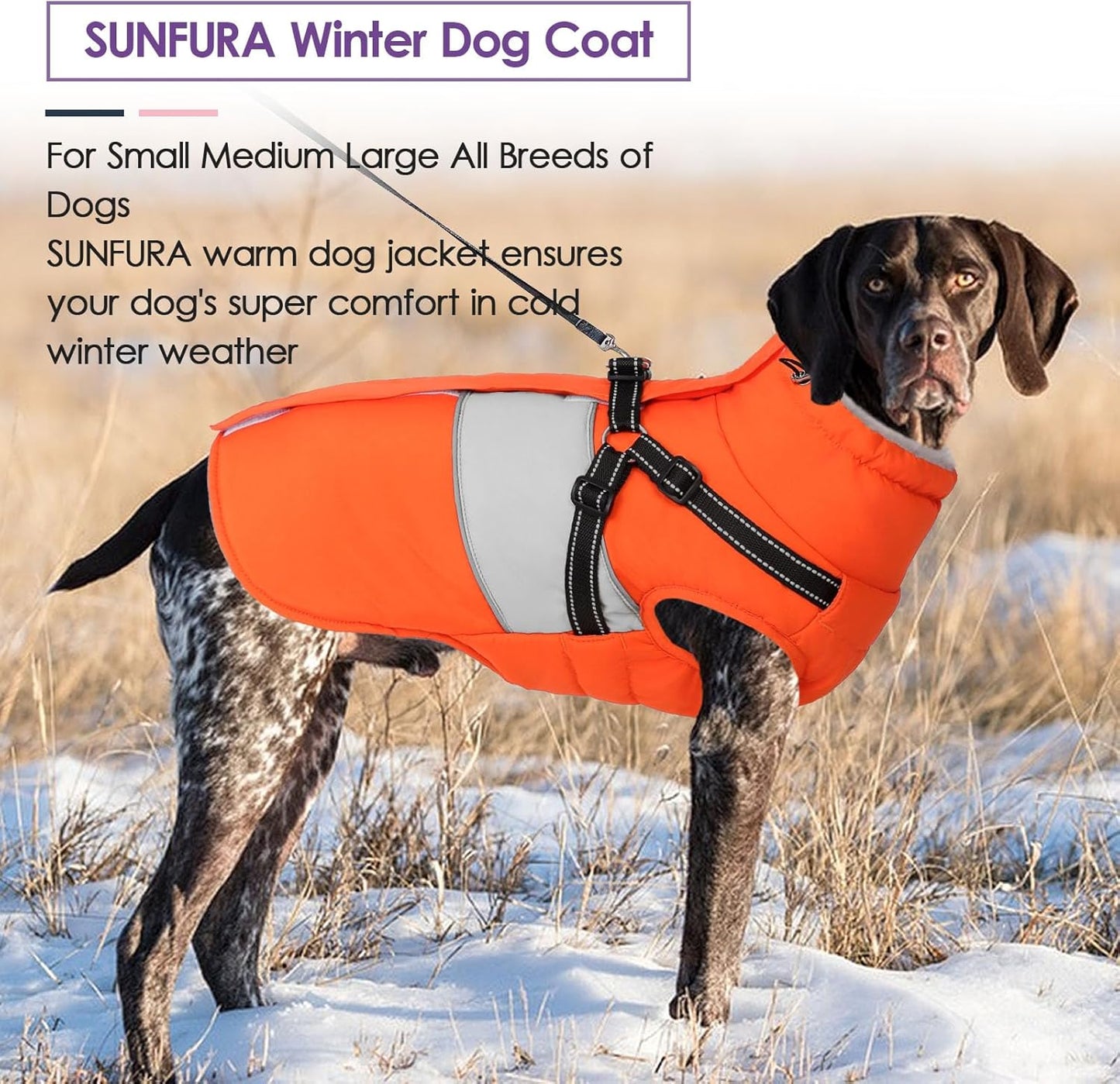 SUNFURA Dog Coat, XXXL Dog Jacket Winter with Harness Built in, Waterproof Pet Snow Jacket with Furry Collar for Chilly Day, Reflective Fleece Snowsuit for Extra Large Dogs, Orange 3XL