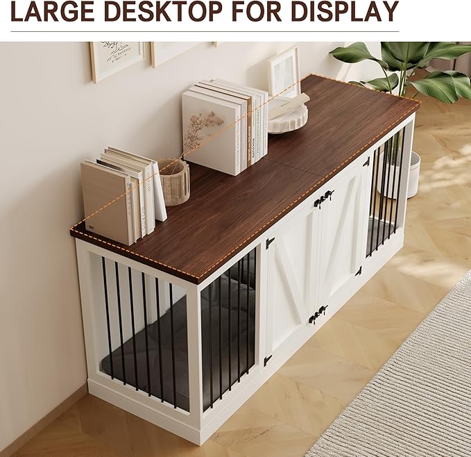 Dog Crate Furniture - Indoor Wooden Dog Kennel Furniture with Room Divider - 71"x23.6"x31.5"H, White