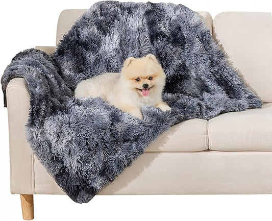 Luciphia Large Waterproof Dog Blanket Pet Washable Liquid Proof Furniture Protector Small Shaggy Plush Calming Long Faux Fur Bed Cover for Couch Cat Blankets for Kitten Doggy, Tie-dye Grey, 30" x 40"