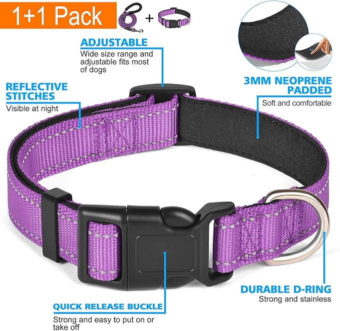 Reflective Dog Collar Padded with Soft Neoprene Breathable Adjustable Nylon Dog Collars for Small Medium Large Dogs (X-Small (Pack of 1), Purple Collar+Leash)