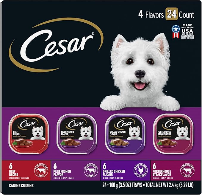 Cesar Wet Dog Food Classic Loaf in Sauce Beef Recipe, Filet Mignon, Grilled Chicken and Porterhouse Steak Variety Pack, 3.5 oz. Easy Peel Trays (24 Count, Pack of 1)