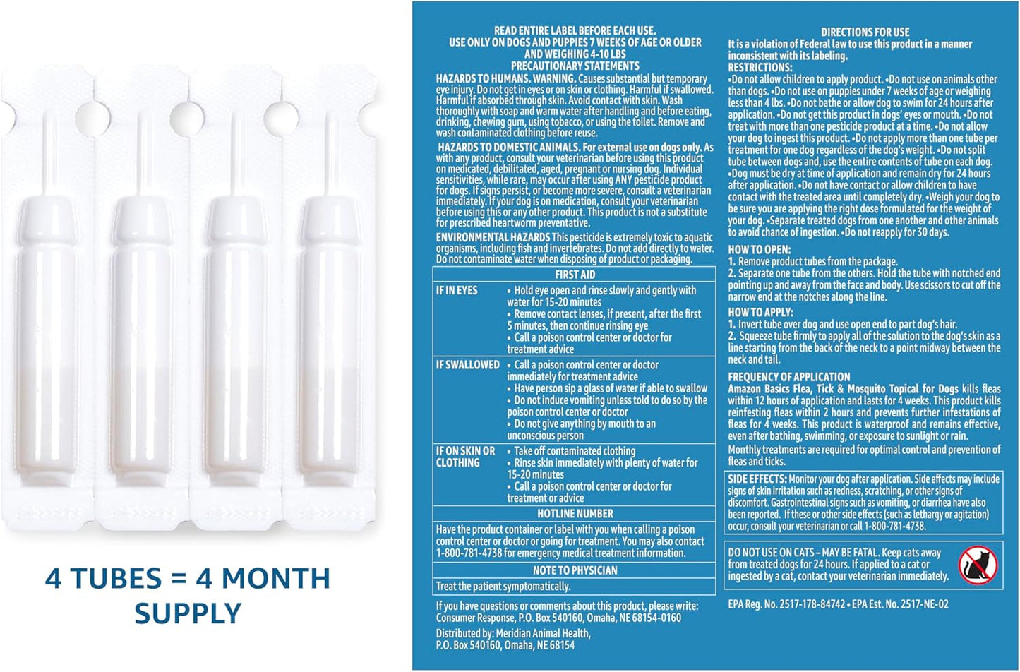 Amazon Basics Flea, Tick & Mosquito Topical Treatment for Medium Dogs (11-20 Pounds), 4 Count