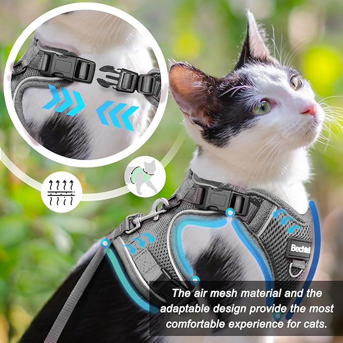Cat Harness and Leash Set for Walking Escape Proof, Adjustable Soft Kittens Vest with Reflective Strip for Cats, Comfortable Outdoor Vest, Cat Car Leash, Grey, XS