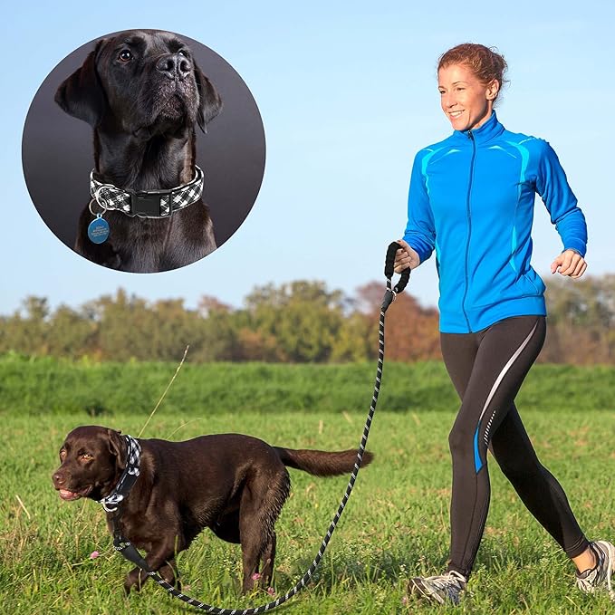 Reflective Dog Collar Padded with Soft Neoprene Breathable Adjustable Nylon Dog Collars for Small Medium Large Dogs (X-Small (Pack of 1), Black Plaid Collar+Leash)