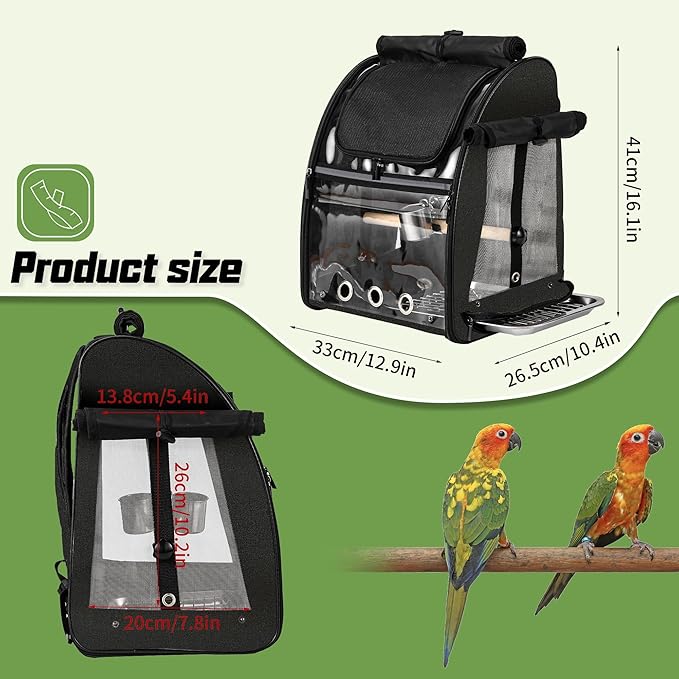 Sanmoncare Bird Carrier Backpack with Stainless Steel Mesh, Parrot Travel Cage with Stand, Easy to Clean, Portable Conures Travel Bag, Pet Breathable Travel Cage
