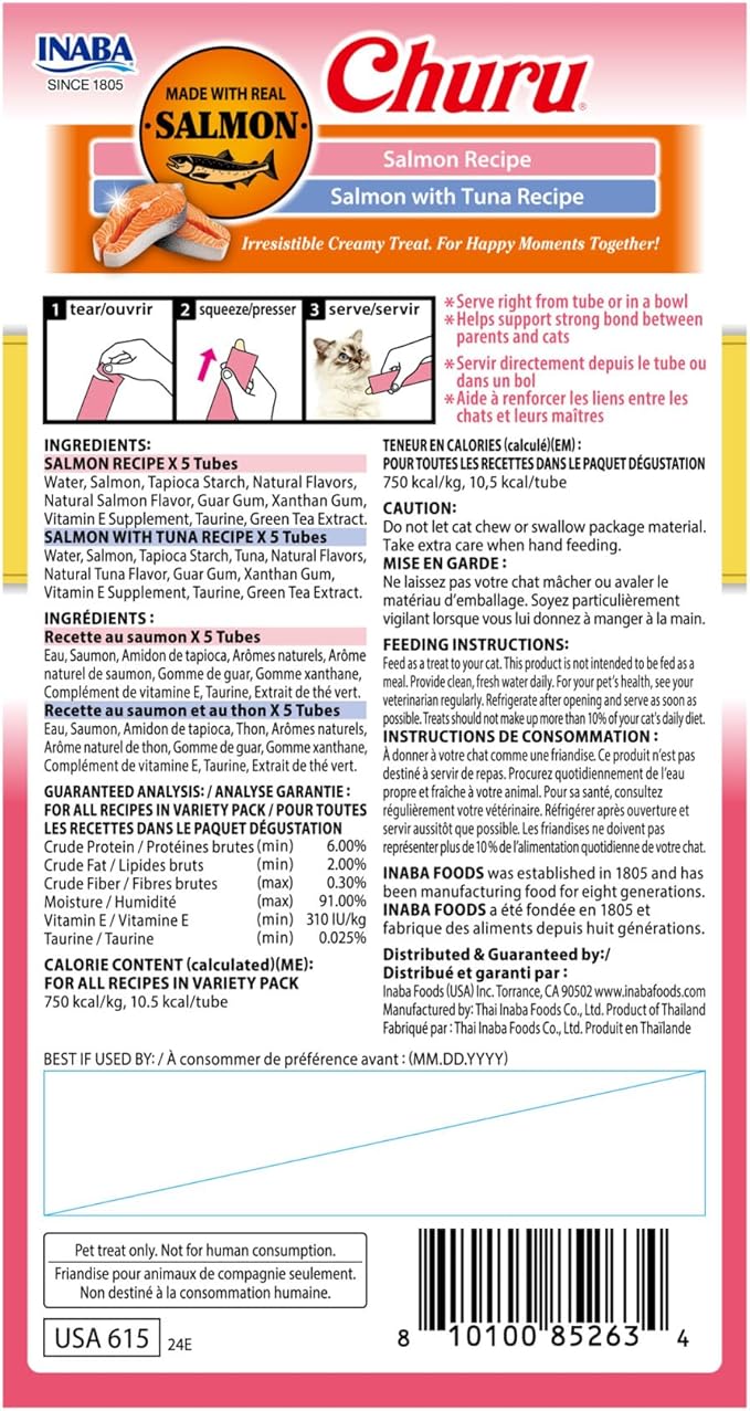 INABA Salmon Churu Cat Treats, Lickable, Squeezable Creamy Purée Cat Treat with Green Tea Extract & Taurine, 0.5 Ounces Each Tube, 10 Tubes, Salmon & Tuna Variety