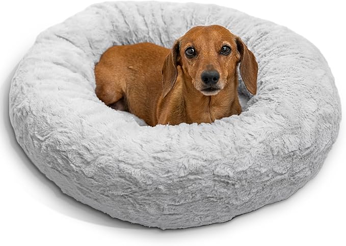 Best Friends by Sheri Original Calming Donut Dog and Cat Bed, Lux Faux Fur, Gray, (23in x 23in) - Anxiety Relief for Pets Up to 25 lbs