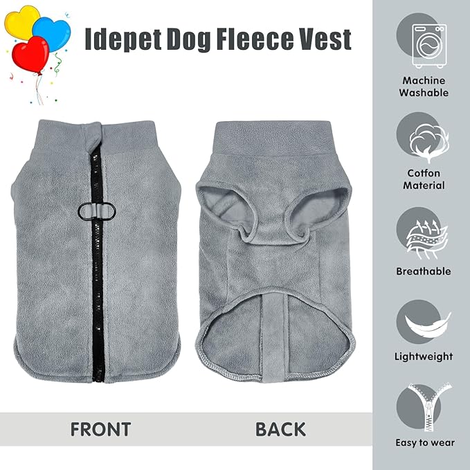 Idepet Dog Fleece Vest Sweater Zip Up Warm Pullover Dogs Jacket with D-Ring Leash Winter Cold Weater Coat Pet Sweatershirt Clothes Hoodie for Small Medium Dogs Boy Girl (Gray, XXL)